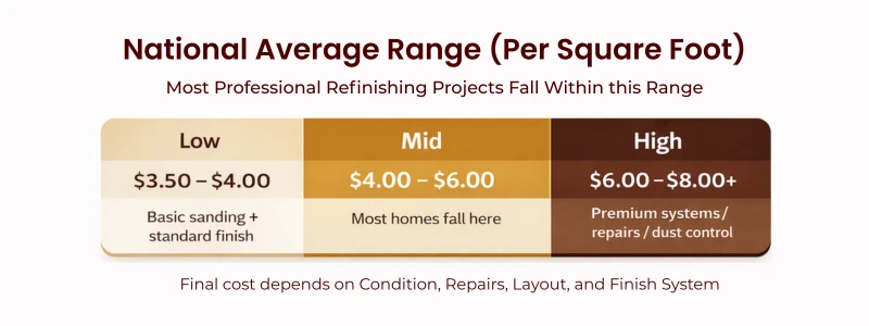 Average cost per square foot showing $3.50 to $8.00+ pricing range