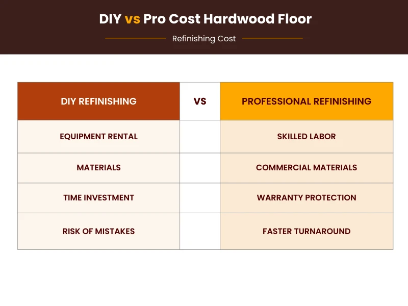 DIY vs professional hardwood floor refinishing cost comparison showing equipment, materials, time, and warranty differences
