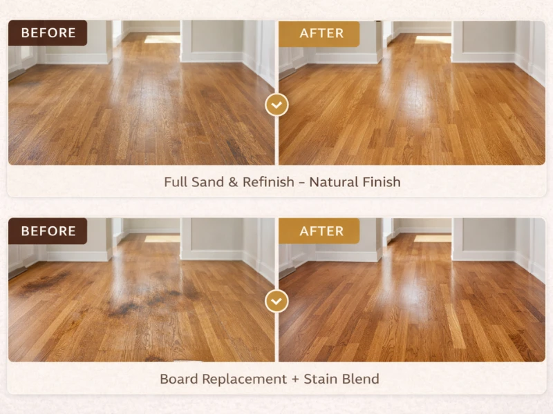 Before and after refinishing showing worn oak restored and pet stain repair