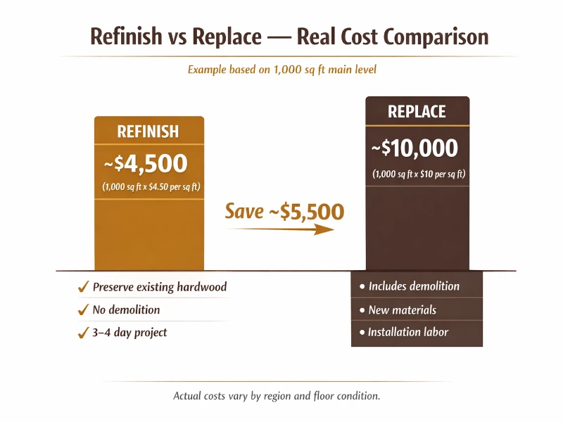 When Full Refinishing Is Necessary Refinishing is required when: The finish is worn through to bare wood There are deep scratches Pet stains have penetrated You want to change stain color The floor has been previously refinished unevenly This is where the cost to sand and refinish hardwood floors becomes necessary because the wood surface itself must be leveled. When Resurfacing May Be Enough Resurfacing works when: The finish is dull but not worn through There are light surface scratches only You are keeping the same stain color The floor has not been contaminated with wax or polish Because resurfacing does not remove layers of wood, it costs less and finishes faster. Why the Cost Difference Is Significant Resurfacing avoids the heavy sanding stage. That means: Fewer labor hours Less material usage Shorter project timeline That is why hardwood resurfacing vs refinishing cost can differ by several dollars per square foot. However, resurfacing is not a shortcut for damaged floors. If the wood itself is compromised, skipping a full sand may result in uneven appearance or adhesion problems. Is It Cheaper to Refinish or Replace Hardwood Floors? In most situations, refinishing is significantly less expensive than full replacement. While the average cost of hardwood floor refinishing typically falls between $3.50 and $6.50 per square foot, full hardwood floor replacement often ranges from $8 to $15+ per square foot installed. That replacement range includes: Demolition and disposal of old flooring New hardwood material Installation labor Sanding and finishing (for site-finished floors) In higher-cost markets or for premium wood species, replacement can exceed $18 per square foot.