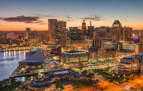 Baltimore, Maryland, USA Skyline on the Inner Harbor at dusk.